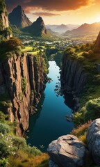 Canvas Print - Majestic Mountain Valley with a River at Sunset.