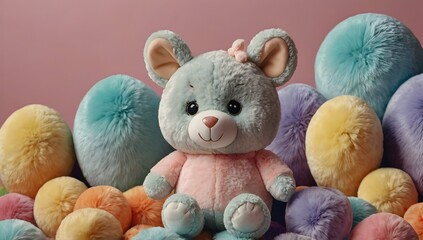 Wall Mural - A plush children's toy is placed in the center, behind the background, with pastel shades.