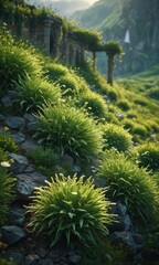 Wall Mural - Lush Green Plants Growing on a Stone Wall with a Waterfall in the Background.