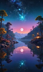 Poster - Tranquil Night Lake with Full Moon and Starry Sky.