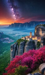 Sticker - Monastery on a Cliff with Milky Way Galaxy in the Night Sky.