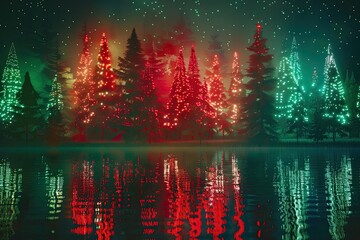 Wall Mural - Abstract Christmas landscape with red and green holographic lights