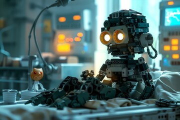 Canvas Print - Small robotic entity amidst laboratory equipment symbolizing AI driven research cybernetic advancements and high tech innovation in a futuristic medical setting