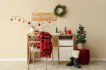 Poster - Interior of office with workplace, Christmas tree and decor