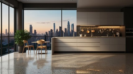 Modern style luxury interior with city view 3d render, There are terrazzo floor decorated wall with hidden light