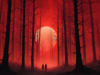 abstract fantasy red sunset in the forest Black silhouette of tall trees  red foggy background