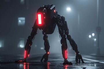 Canvas Print - Cybernetic quadruped robot with glowing lights symbolizing advanced AI cybernetic technology and futuristic innovation in a high tech setting