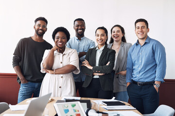 Canvas Print - Boardroom, portrait and smile with team of business people in office for collaboration or management. Confident, corporate and professional with employee group in workplace together for solidarity