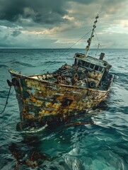 Canvas Print - Rusted boat in ocean