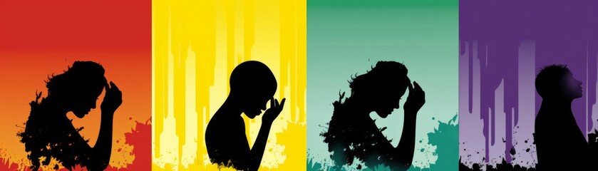 Silhouettes of People in Thoughtful Poses Against Colorful Backgrounds