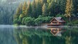 © Oniysjp - A tranquil lakeside cabin with reflections of the surrounding forest on the calm water, peaceful setting with morning mist, Cozy style