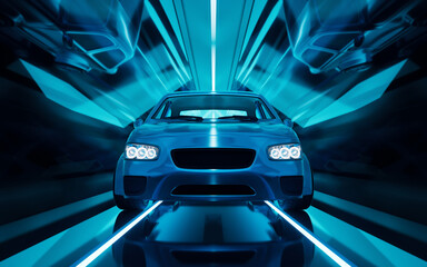 Canvas Print - Car in the dark neon tunnel, 3d rendering.