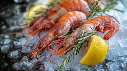 Wall Mural - Fresh Prawns on Ice with Lemon and Rosemary