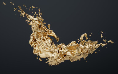 Poster - Flowing golden fluid with splashing shape background, 3d rendering.