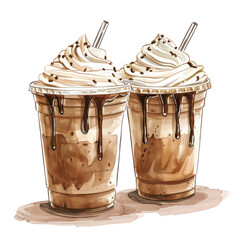 Two Iced Coffee Drinks with Whipped Cream and Chocolate Drizzle.