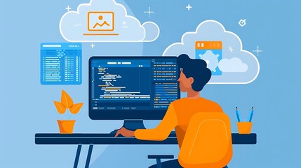A digital illustration of a developer working on a computer with code, showcasing cloud solutions and modern design elements.