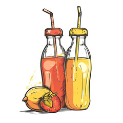 Two Bottles of Fruit Juice with Straws and a Lemon and Strawberry.