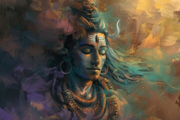 Wall Mural - Picture of lord shiva with close eyes and three horizontal lines on their forhead on shiny background. Generative.