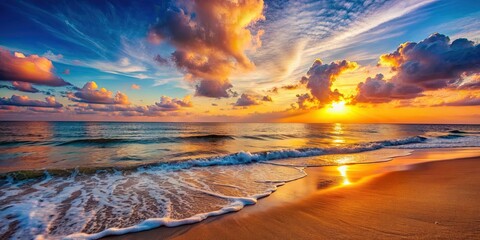 Wall Mural - Beautiful sunset on a serene beach setting , sunset, beach, ocean, sky, clouds, horizon, waves, tranquil, orange, yellow