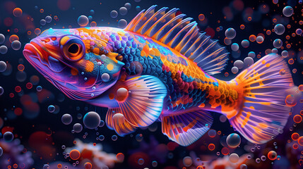 Powerful pop art elements of sea fish in water and glowing bubbles sparkle in a mesmerizing artistic way.