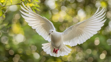 Poster - White Dove in Flight with Blurred Green and Yellow Background