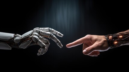 Poster - A robot hand and a human hand touching fingertips, creating a sense of connection and innovation with a modern, clean background