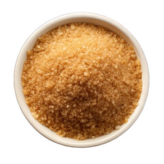 Brown sugar on white bowl top view isolated on transparent background