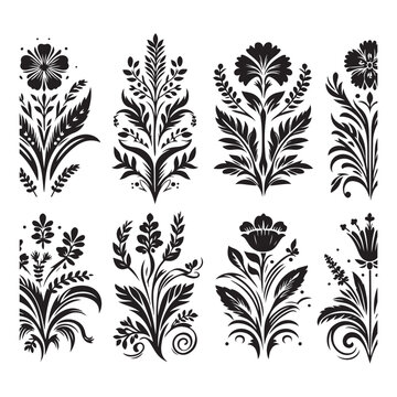 Silhouette of a set floral design with thick outline side view isolated, no text, no shadow