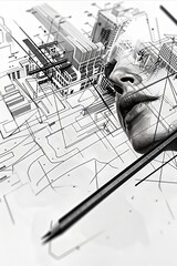 Poster - A Sketch of a Human Face with Geometric Overlays and an Architectural Structure in the Background