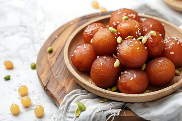 Wall Mural - Plate of tasty Gulab Jamun with on white background.