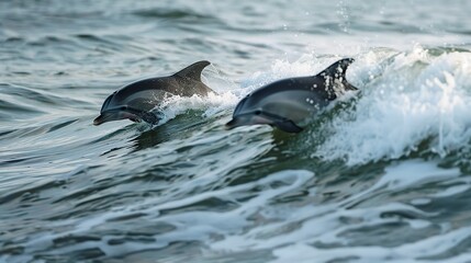 Canvas Print - A couple of dolphins can be seen swimming in the ocean, gracefully moving through the waves with playful leaps and dives. One of the dolphins is also using its bottle nose to interact with its