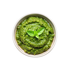 Fresh green spinach and basil pesto in a bowl top view isolated on transparent background