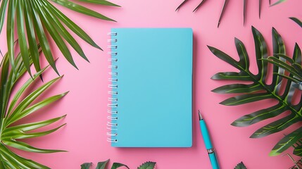 Blue blank notebook for your inscription on a pink summer background