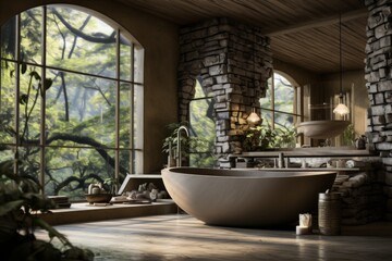 Wall Mural - Modern Stone Bathroom with Lush Forest View