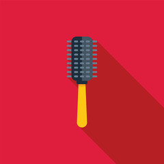 Poster - Round hairbrush with yellow handle lying on red background, beauty and haircare concept