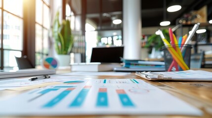 Poster - Financial Data Charts and Graphs on a Desk with Blurred Office Background