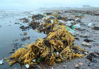 Wall Mural - A detailed view of seaweed entangled with plastic debris on the shore