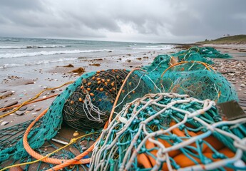 Wall Mural - A photograph of discarded fishing nets and ropes washed up on the beach