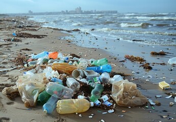 Wall Mural - A polluted beach littered with plastic bottles, bags, and other trash washed ashore