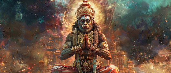 Wall Mural - : Picture of lord hanuman on devotional background. Generative ai.