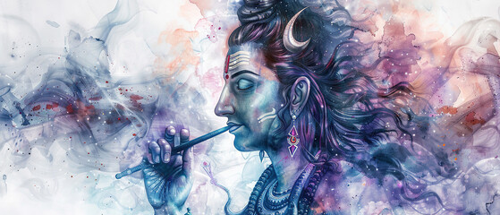 Wall Mural - illustration of a lord mahadev opening his third eyes on a solid background. generative ai