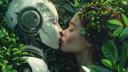 Poster - Beauty woman and white robot, sharing a kiss, listening to music, top view amidst lush greenery, relaxation and harmony