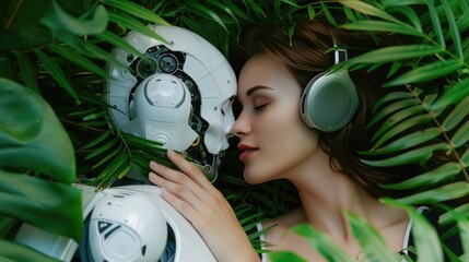 Poster - Beauty woman and white robot, sharing a kiss, listening to music, top view amidst lush greenery, relaxation and harmony