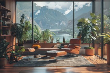 Wall Mural - Modern Living Room with Mountain View