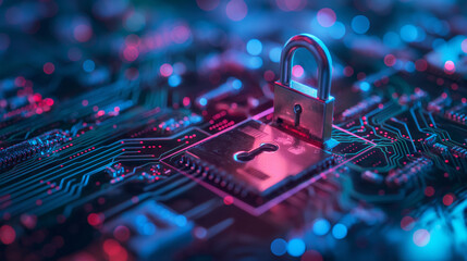 Poster - Digital Security Lock on Circuit Board Surrounded by Colorful Lights at Night