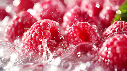 Wall Mural - Fresh raspberries with water drop, close up.