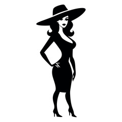 Sticker - a beautiful woman stand with wearing a ladies hat vector silhouette, isloated white background