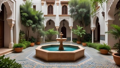 A traditional Moroccan courtyard with an ornate, intricately-designed stone fountain in the center, surrounded by lush greenery and vibrant tile work on the walls