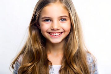 a closeup photo portrait of a cute beautiful young girl kid smiling with clean teeth. used for a dental ad. teen with fresh stylish long hair. isolated on white background. Generative AI