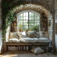 Wall Mural - Cozy Reading Nook with Stone Walls and a Window View